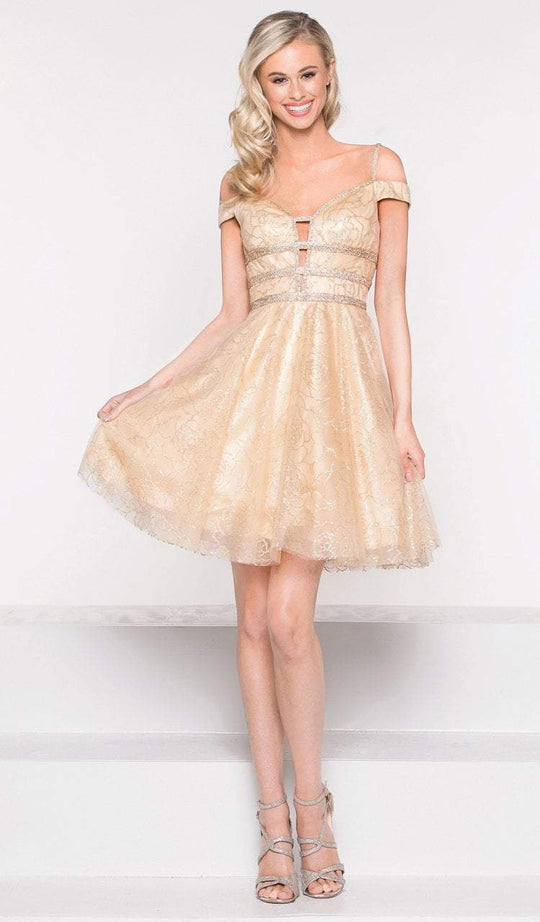 Colors Dress - 1975 Embellished Deep V-neck A-line Cocktail Dress in Gold