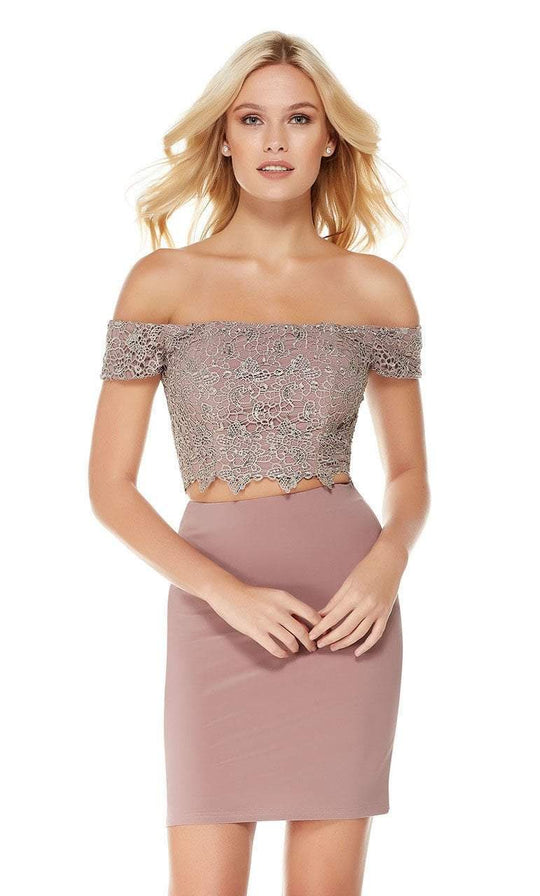 Off Shoulder Lace Crop Top Jersey Dress in Nude and Pink