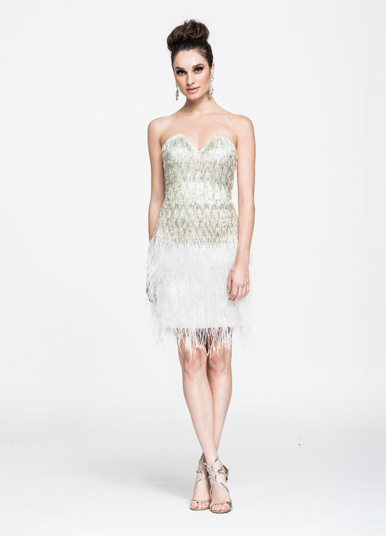 Ashley Lauren - 4002 Silver Fringe Sweetheart Sheath Cocktail Dress in White