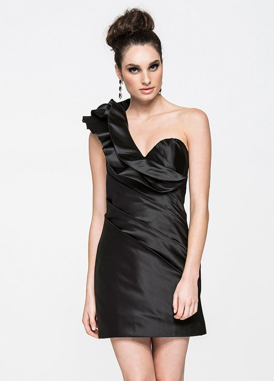 Ashley Lauren - 4005 Ruffled One Shoulder Pleated Sheath Dress in Black