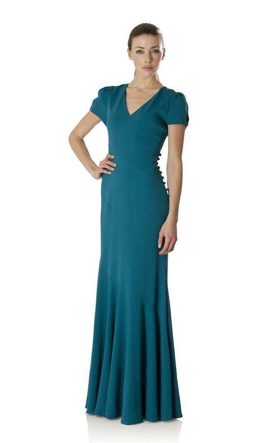 JS Collection - 863984 Puff Sleeved Evening Gown with Sectional Swirls in Green