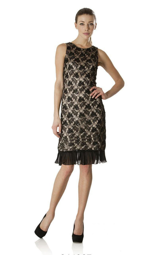 JS Collection - 864007 Floral Lace Dress with Sheer Hemline in Black and Neutral