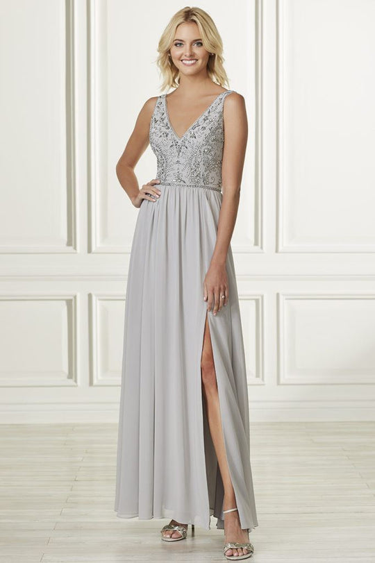 Adrianna Papell - 40163 Beaded V-neck Chiffon Sheath Dress In Silver