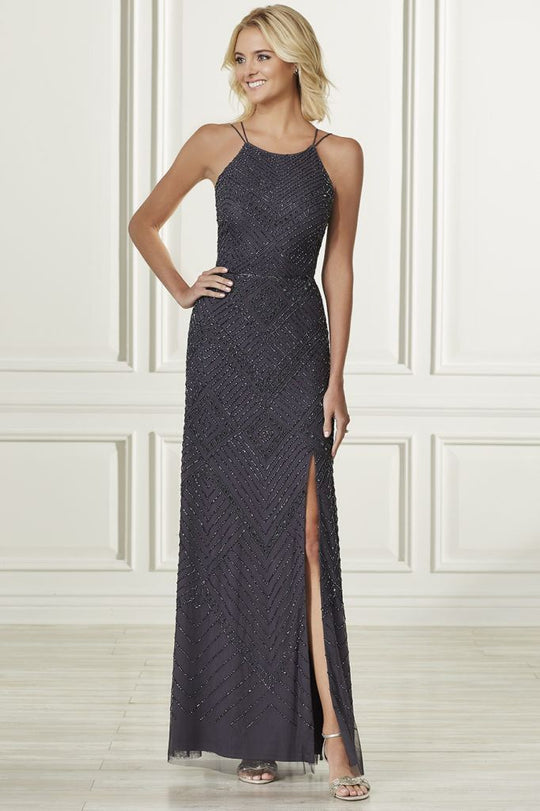 Adrianna Papell - 40164 Embellished Halter Sheath Dress With Slit In Gray