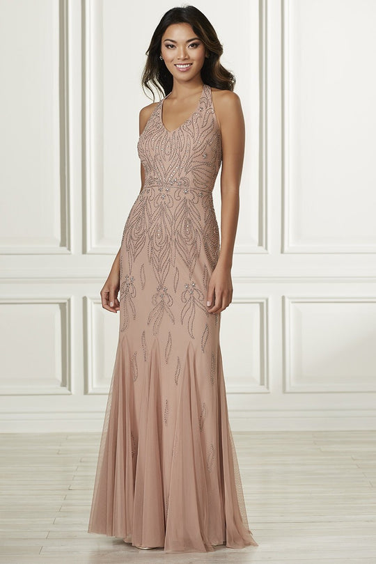 Adrianna Papell - 40165 Beaded Halter Trumpet Evening Dress In Neutral