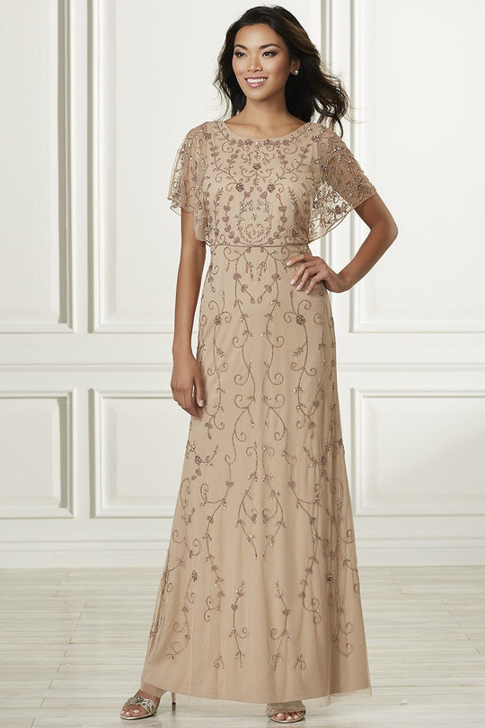 Adrianna Papell - 40171 Floral Beaded Flutter Sleeves Dress In Neutral