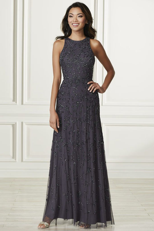 Adrianna Papell - 40174 Beaded Halter Tulle Sheath Dress In Gray