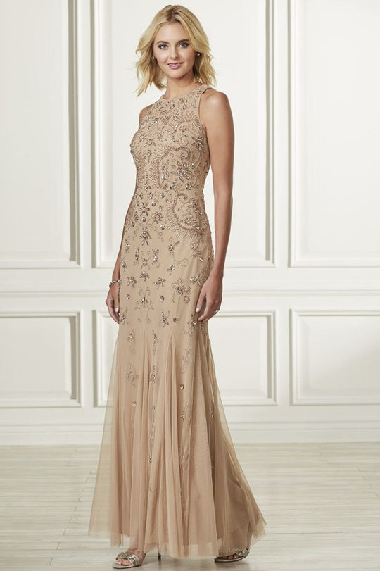 Adrianna Papell - 40183 Beaded Jewel Neck Trumpet Gown In Neutral