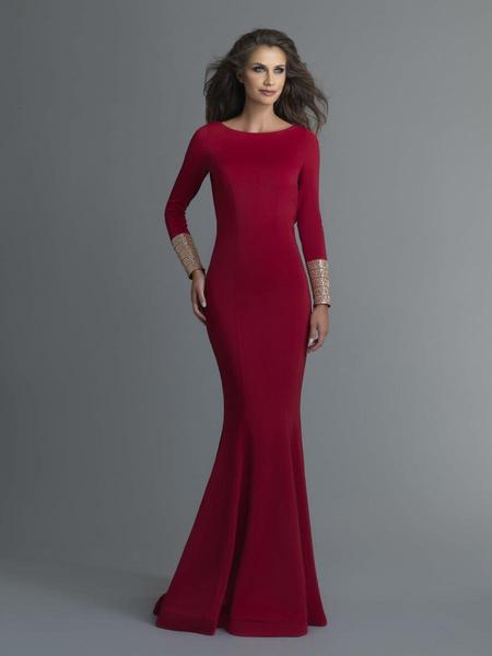 Saboroma - 4018 Embellished Long Sleeve Bateau Mermaid Dress In Red