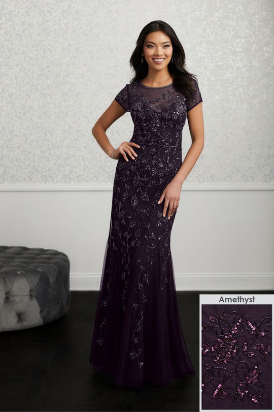 Adrianna Papell - 40215 Floral Beaded Short Sleeves Mesh Gown In Purple
