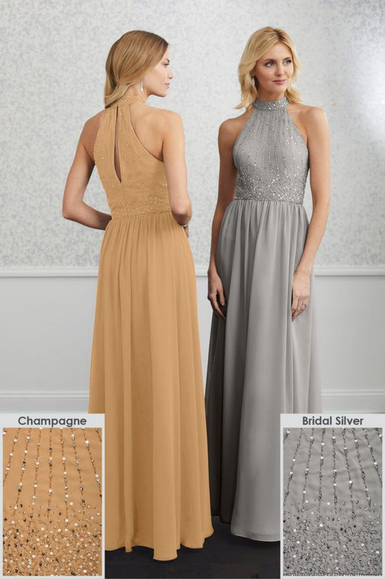 Adrianna Papell - 40221 Beaded High Halter Chiffon A-line Dress In Neutral and Silver