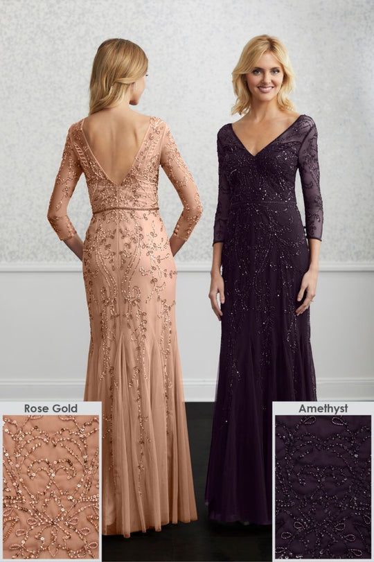 Adrianna Papell - 40222 Beaded Wide V-neck Trumpet Dress In Pink and Purple