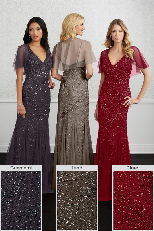 Adrianna Papell - 40223 Sheer Caped Godet Ornate Beaded Gown In Gray and Brown