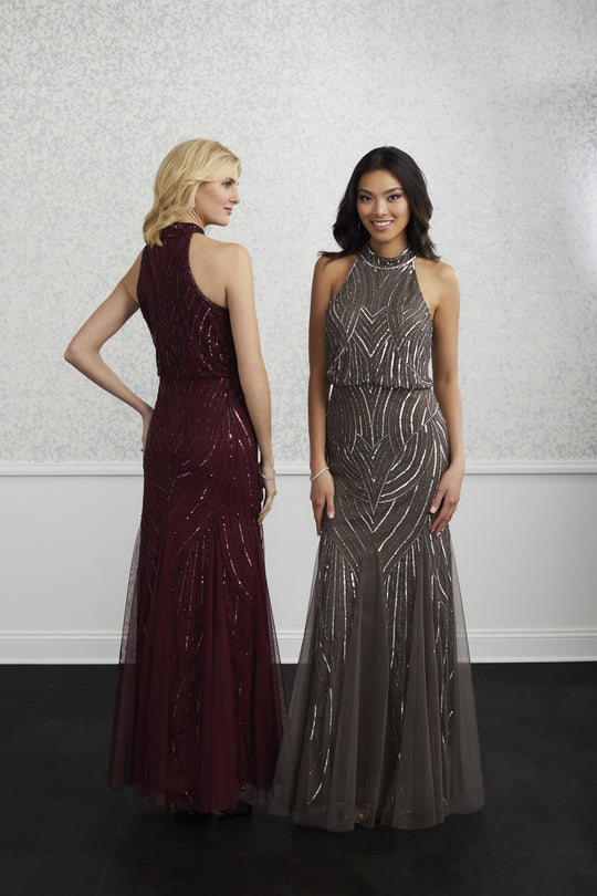 Adrianna Papell - 40224 Beaded High Halter Blouson Long Gown In Red and Gray