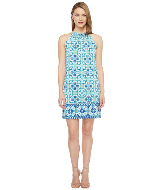 London Times - T2935M Ruffled Halter Sheath Dress in Blue and Green