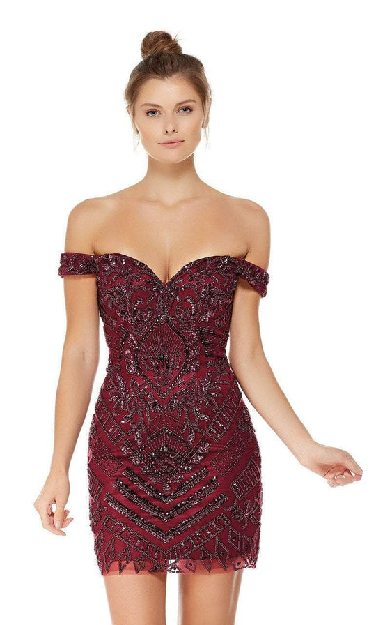 Alyce Paris - 4026 Embellished Off-Shoulder Bodycon Tulle Dress in Red