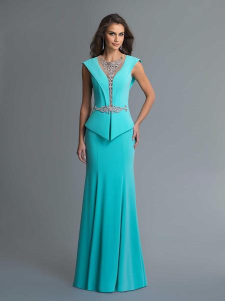 Saboroma - 4031 Cap Sleeve Bejeweled Peplum Sheath Gown In Blue and Green