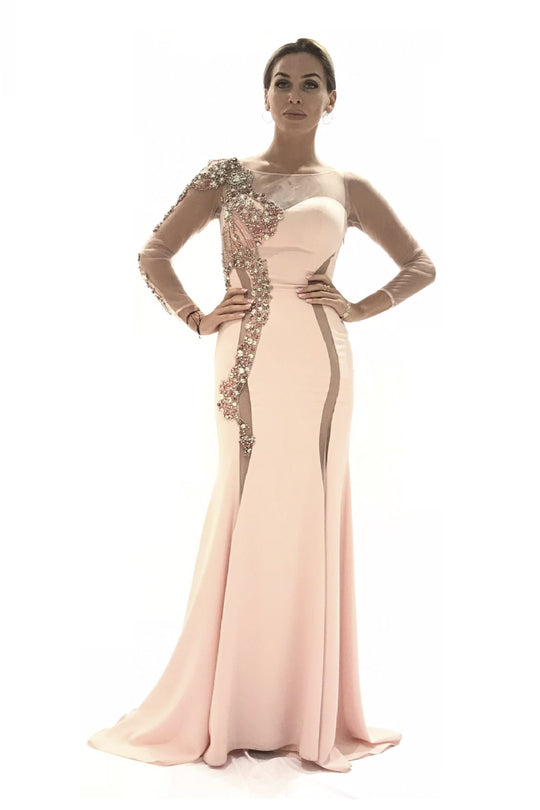 Saboroma - 4040 Embellished Illusion Bateau Trumpet Dress In Pink