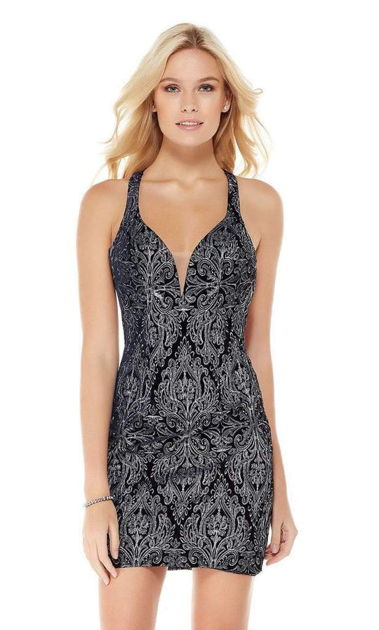 Alyce Paris - 4041 Velvet Deep V-neck Sheath Cocktail Dress In Blue and Silver