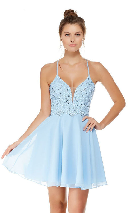 Strappy Open Back Lace and Chiffon Cocktail Dress in Blue