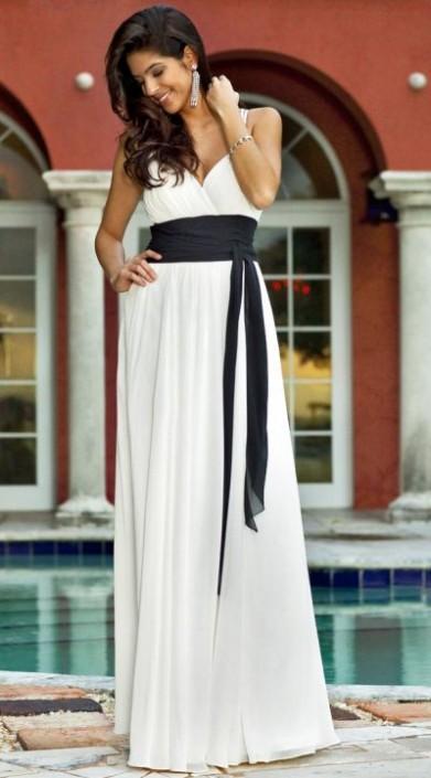 Alexia Designs - 4046 Pleated Plunging V-neck Chiffon A-line Dress In White and Black