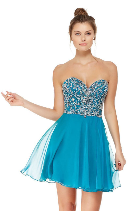 Embellished Strapless A-Line Cocktail Dress in Blue