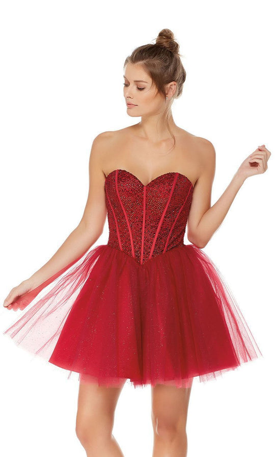 Strapless Beaded Corset Bodice A-Line Dress in Red