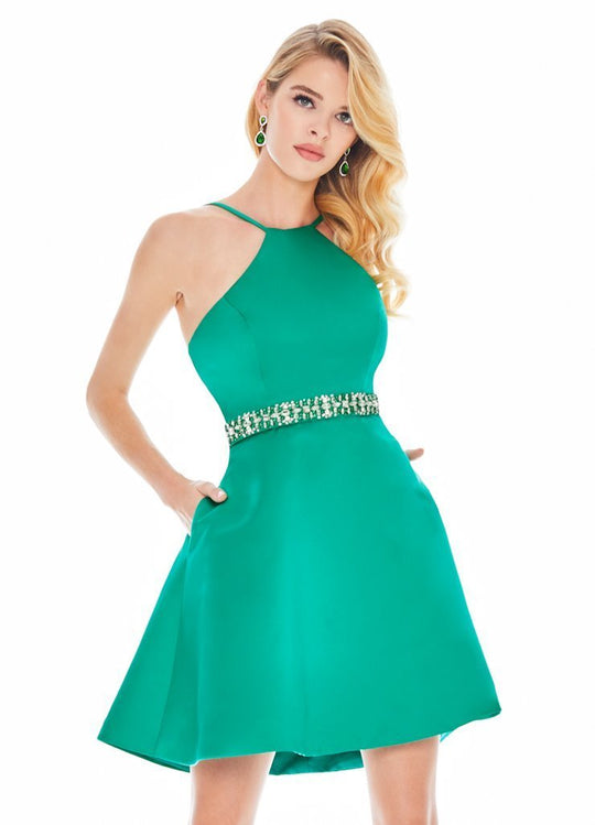 Ashley Lauren - 4071 Satin Halter Neck Crystal Beaded Belt Short Dress In Green