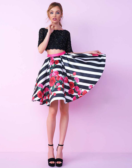 Mac Duggal Homecoming - 40721N Two Piece Beaded Lace Short Dress in Black and Multi-color