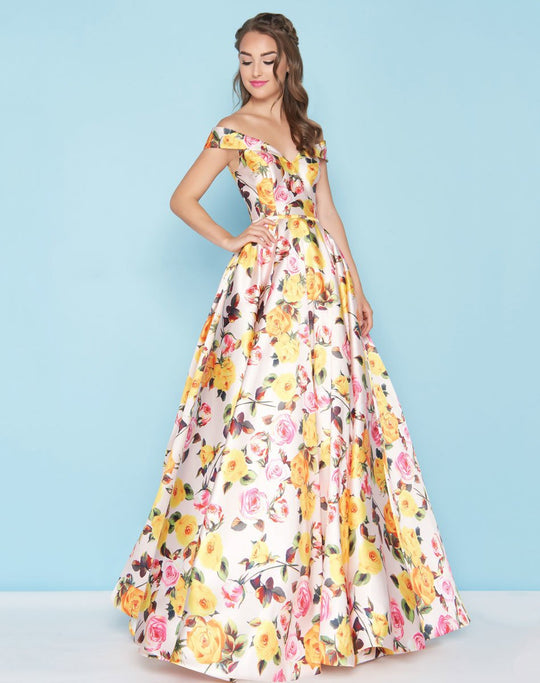Mac Duggal - 40727H Plunging Off Shoulder Floral Ballgown In Pink and Floral