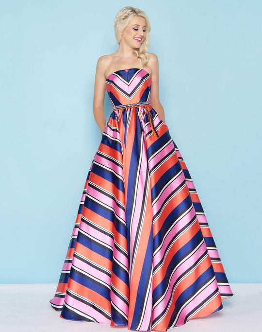 Mac Duggal - 40735H Strapless Striped Mikado Ballgown In Multi-Color