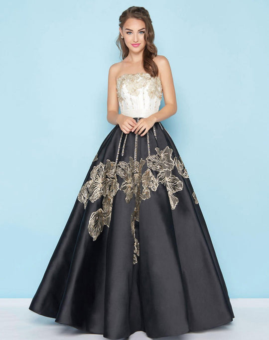 Mac Duggal - 40737H Floral Appliqued Strapless Ballgown In White and Black