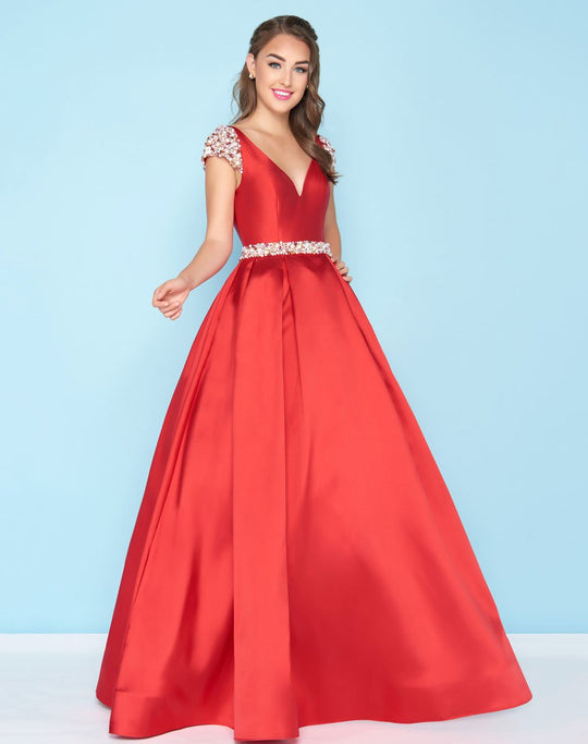 Mac Duggal - 40744H Pearl Ornate Cap Sleeve Mikado Ballgown In Red