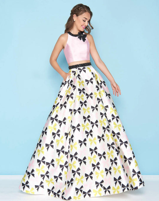 Mac Duggal - 40765H Two Piece Halter Bow Ballgown In Pink and Multi-Color