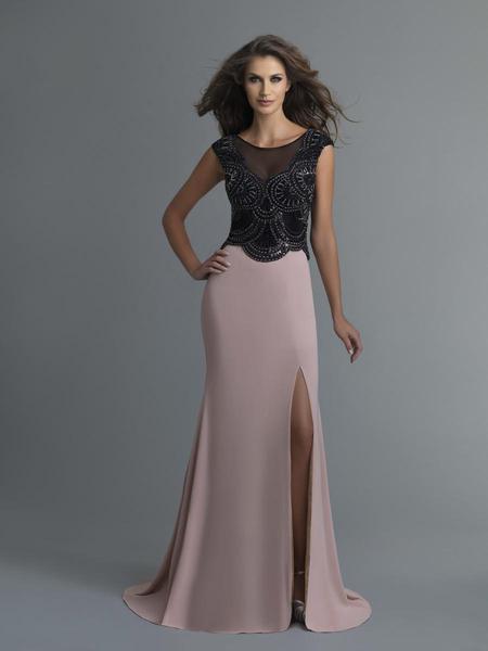 Saboroma - 4077 Embellished Bateau Trumpet Dress With Slit