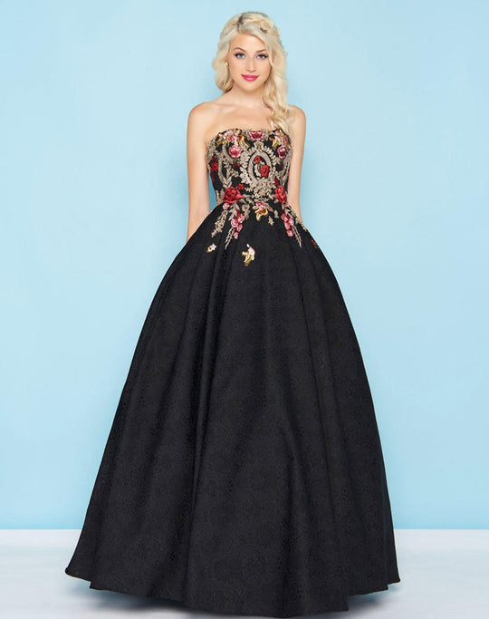 Mac Duggal - 40815H Embroidered Floral Strapless Ballgown In Black and Gold