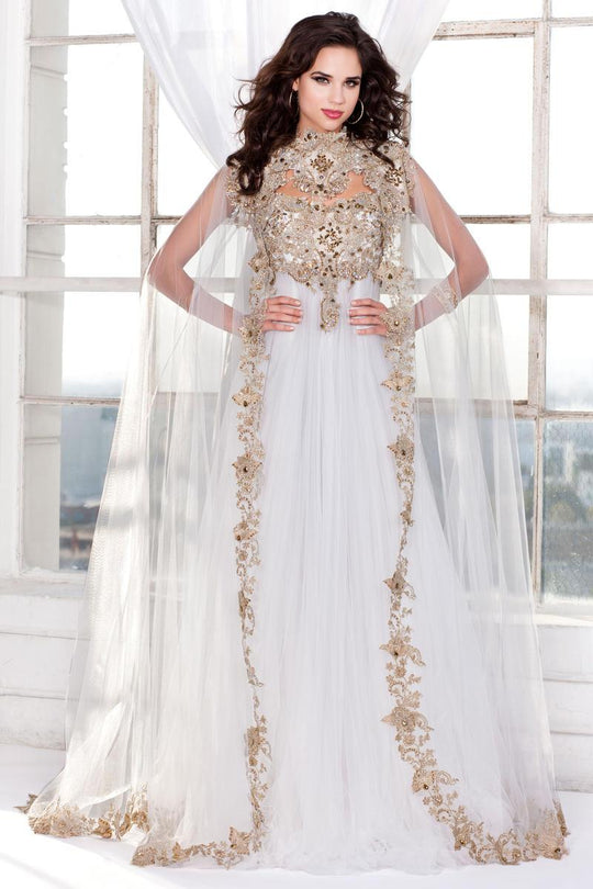 Shail K - Long Prom Dress with a Majestic Cape 4081 In White