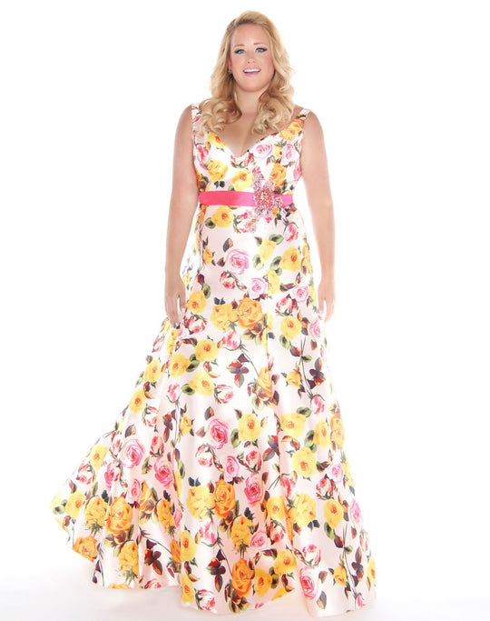 Mac Duggal - 40822F V-neck Floral Print Mikado Trumpet Gown In Pink and Floral