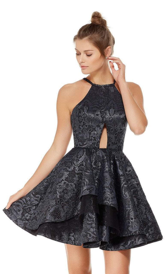 Jacquard Halter Neck A-line Dress in Blue