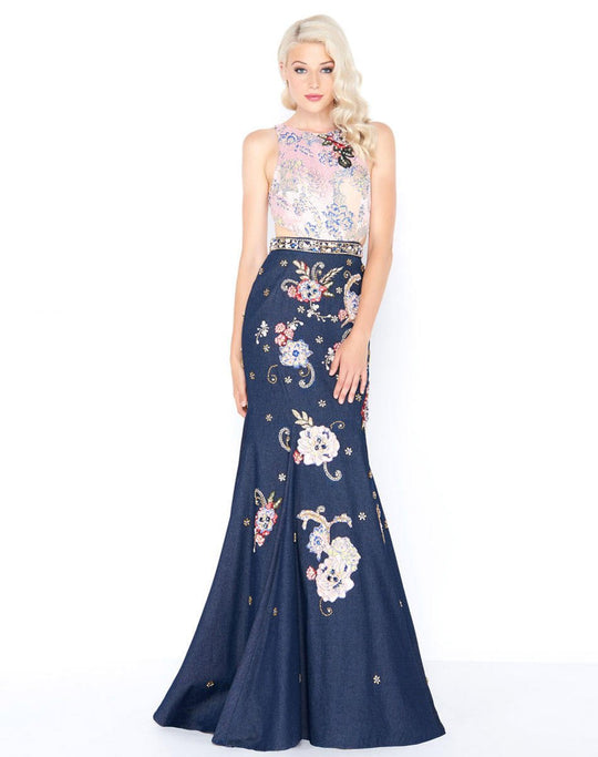 Mac Duggal - 40845M Floral Appliqued Trumpet Gown In Blue