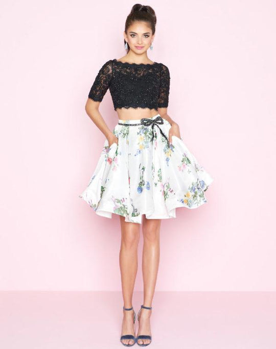 Mac Duggal - 40850N Two Piece Bateau Floral Cocktail Dress in Black and Floral