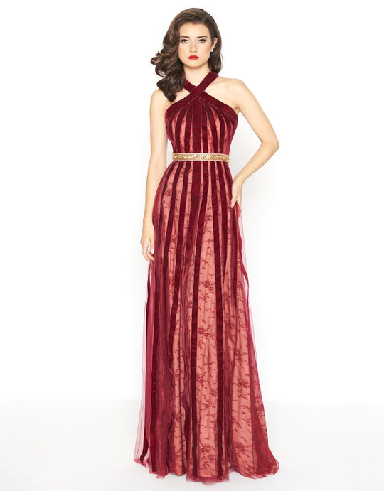 Mac Duggal - 40876R Halter Velvet A-Line Evening Gown in Red