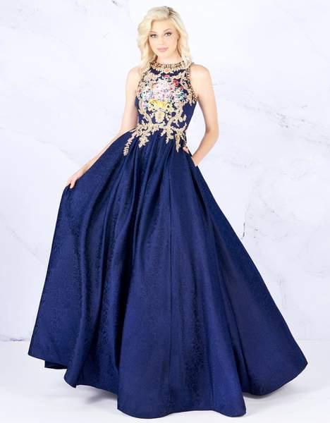 Cassandra Stone - 40900A Appliqued Bouquet Motif Embossed Ballgown In Blue