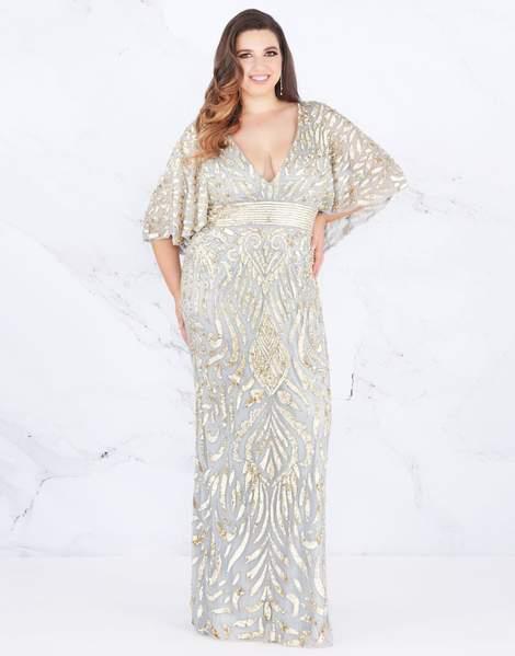 Mac Duggal Fabulouss - 4858F Embellished Plunging V-neck Sheath Dress In Silver and Gold