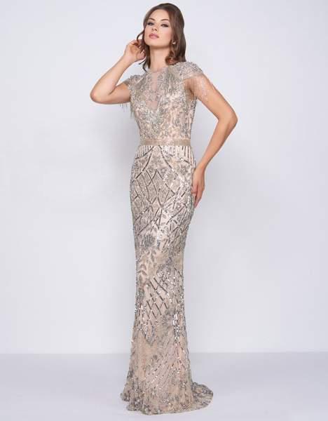 Mac Duggal Couture - 4715D Crystal Beaded Jewel Neck Sheath Dress In Silver