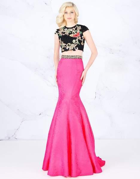 Cassandra Stone - 40904A Two Piece Lace Appliqued Trumpet Gown In Pink and Black