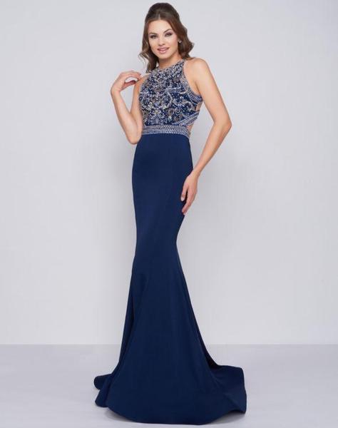Cassandra Stone - 40934A Beaded Halter Mermaid Dress With Train In Blue