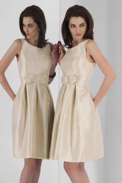 Alexia Designs - 4112 Bow Ornate Bateau Neck Pleated Dress In Neutral