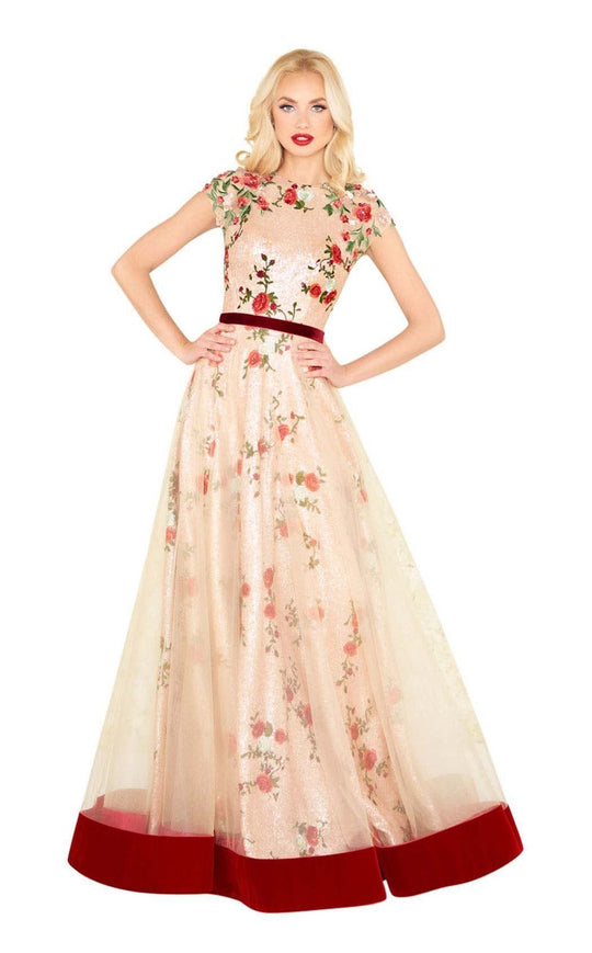 Mac Duggal Black White Red - 40951R Floral Embroidered Gown In Nude and Pink