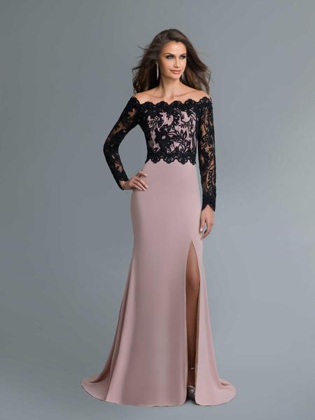 Saboroma - 4097 Lace Scalloped Off-Shoulder Trumpet Dress In Neutral and Black